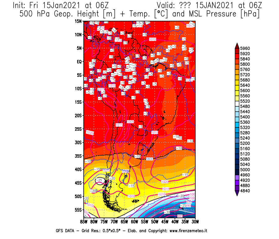 Mappa di analisi GFS - Geopotenziale [m] + Temp. [°C] a 500 hPa + Press. a livello del mare [hPa] in Sud-America
									del 15/01/2021 06 <!--googleoff: index-->UTC<!--googleon: index-->