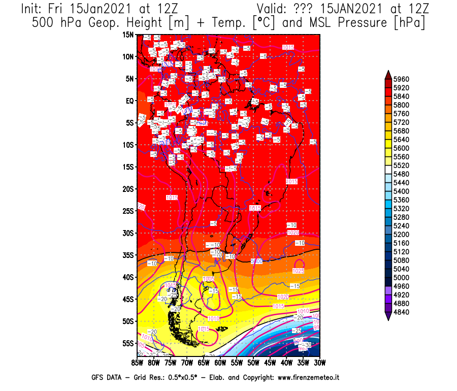 Mappa di analisi GFS - Geopotenziale [m] + Temp. [°C] a 500 hPa + Press. a livello del mare [hPa] in Sud-America
									del 15/01/2021 12 <!--googleoff: index-->UTC<!--googleon: index-->