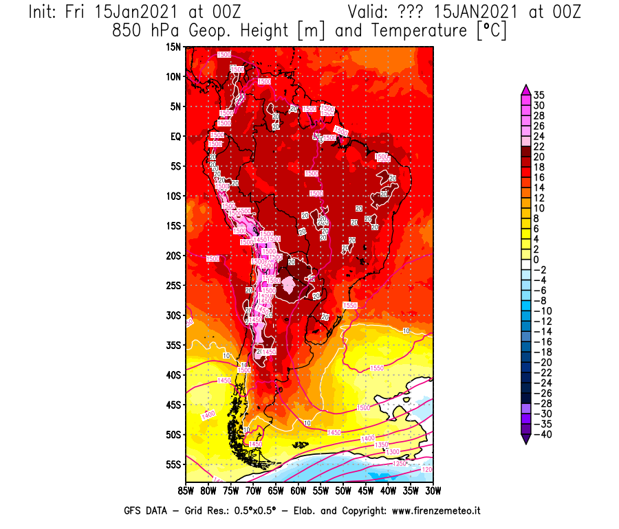 Mappa di analisi GFS - Geopotenziale [m] e Temperatura [°C] a 850 hPa in Sud-America
									del 15/01/2021 00 <!--googleoff: index-->UTC<!--googleon: index-->