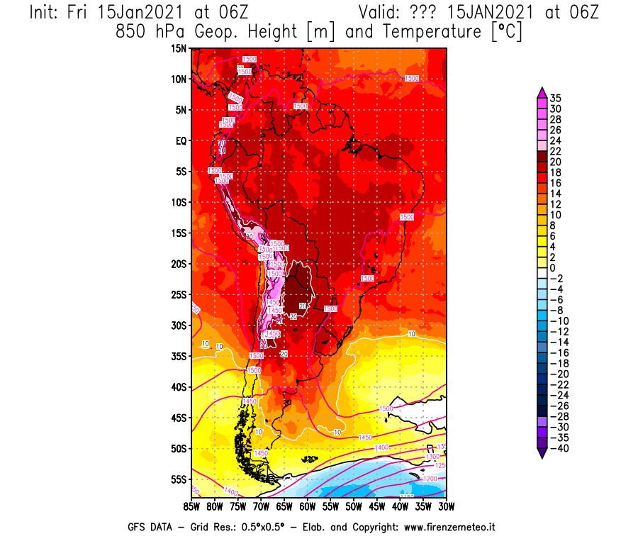 Mappa di analisi GFS - Geopotenziale [m] e Temperatura [°C] a 850 hPa in Sud-America
									del 15/01/2021 06 <!--googleoff: index-->UTC<!--googleon: index-->