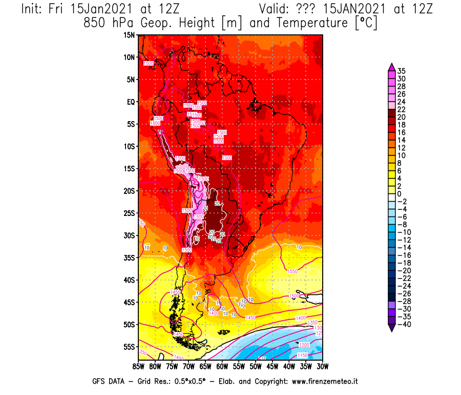 Mappa di analisi GFS - Geopotenziale [m] e Temperatura [°C] a 850 hPa in Sud-America
									del 15/01/2021 12 <!--googleoff: index-->UTC<!--googleon: index-->