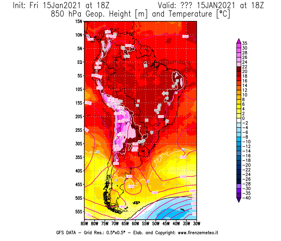 Mappa di analisi GFS - Geopotenziale [m] e Temperatura [°C] a 850 hPa in Sud-America
									del 15/01/2021 18 <!--googleoff: index-->UTC<!--googleon: index-->