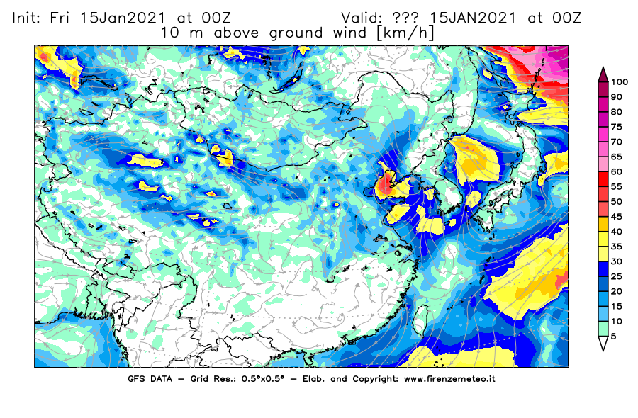 Mappa di analisi GFS - Velocità del vento a 10 metri dal suolo [km/h] in Asia Orientale
									del 15/01/2021 00 <!--googleoff: index-->UTC<!--googleon: index-->