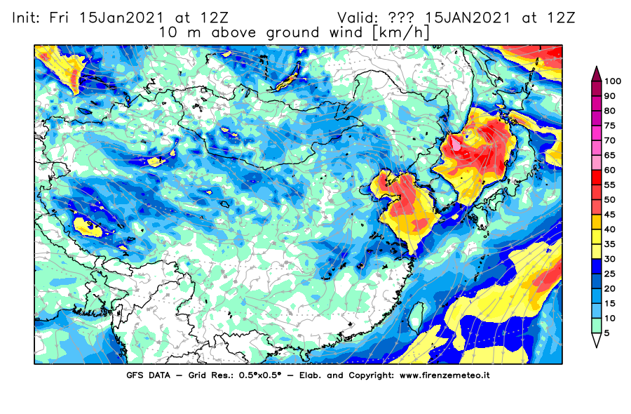 Mappa di analisi GFS - Velocità del vento a 10 metri dal suolo [km/h] in Asia Orientale
									del 15/01/2021 12 <!--googleoff: index-->UTC<!--googleon: index-->