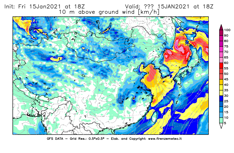 Mappa di analisi GFS - Velocità del vento a 10 metri dal suolo [km/h] in Asia Orientale
									del 15/01/2021 18 <!--googleoff: index-->UTC<!--googleon: index-->