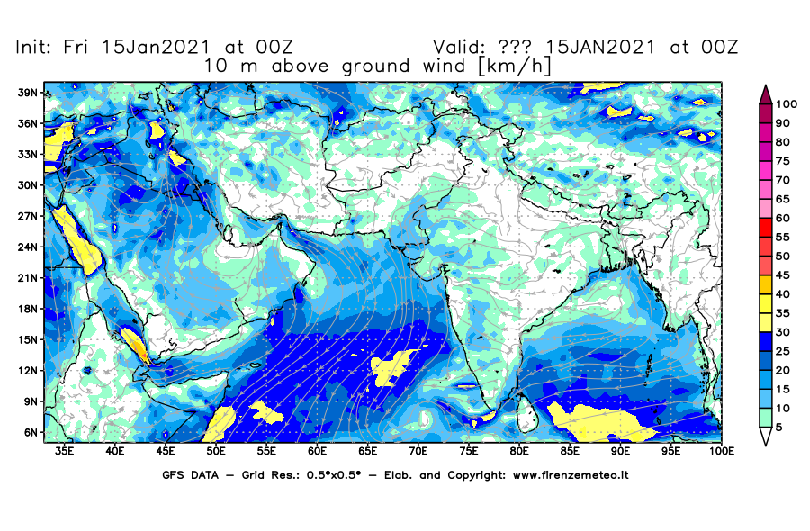 Mappa di analisi GFS - Velocità del vento a 10 metri dal suolo [km/h] in Asia Sud-Occidentale
									del 15/01/2021 00 <!--googleoff: index-->UTC<!--googleon: index-->