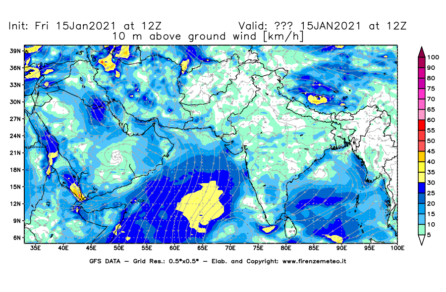 Mappa di analisi GFS - Velocità del vento a 10 metri dal suolo [km/h] in Asia Sud-Occidentale
									del 15/01/2021 12 <!--googleoff: index-->UTC<!--googleon: index-->
