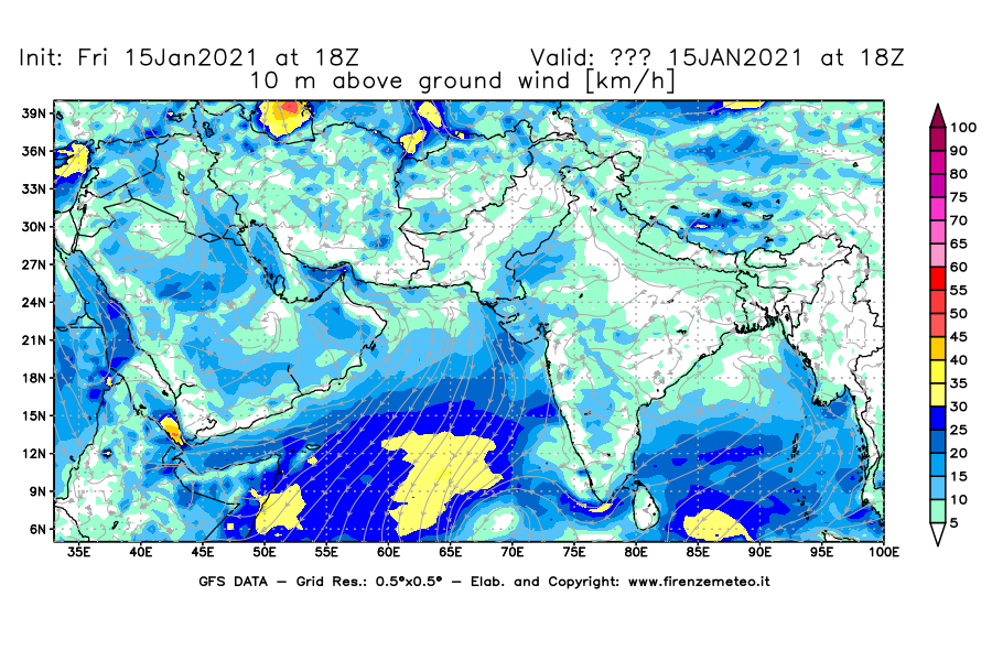 Mappa di analisi GFS - Velocità del vento a 10 metri dal suolo [km/h] in Asia Sud-Occidentale
									del 15/01/2021 18 <!--googleoff: index-->UTC<!--googleon: index-->