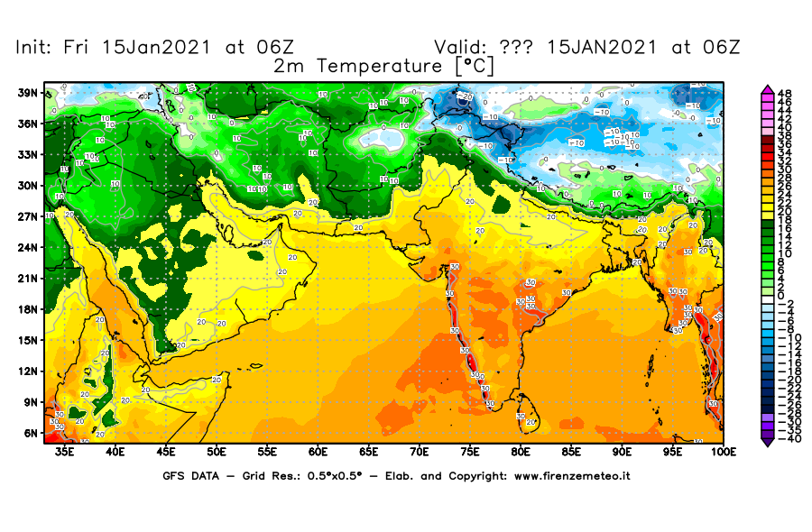Mappa di analisi GFS - Temperatura a 2 metri dal suolo [°C] in Asia Sud-Occidentale
									del 15/01/2021 06 <!--googleoff: index-->UTC<!--googleon: index-->