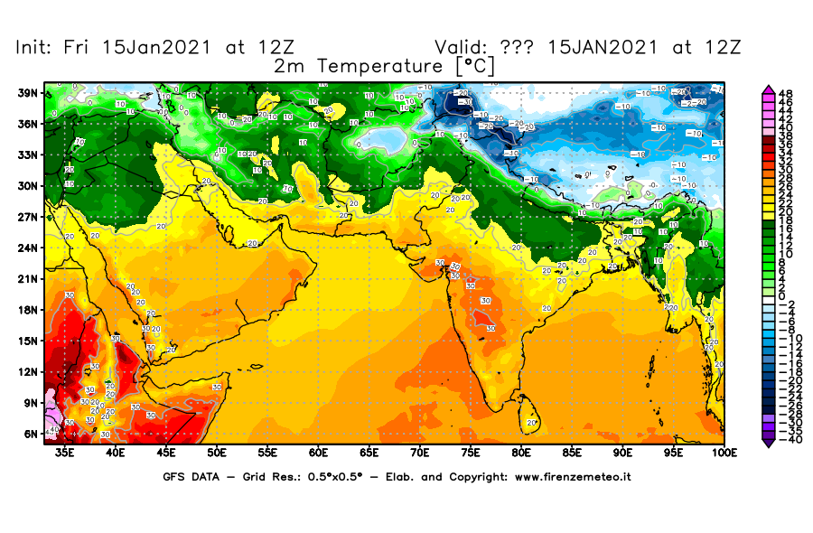 Mappa di analisi GFS - Temperatura a 2 metri dal suolo [°C] in Asia Sud-Occidentale
									del 15/01/2021 12 <!--googleoff: index-->UTC<!--googleon: index-->
