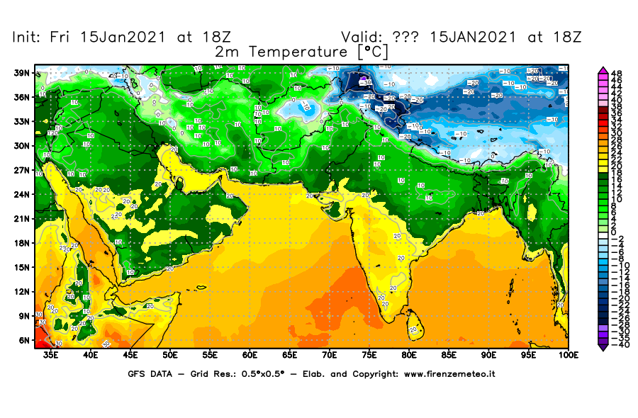Mappa di analisi GFS - Temperatura a 2 metri dal suolo [°C] in Asia Sud-Occidentale
									del 15/01/2021 18 <!--googleoff: index-->UTC<!--googleon: index-->