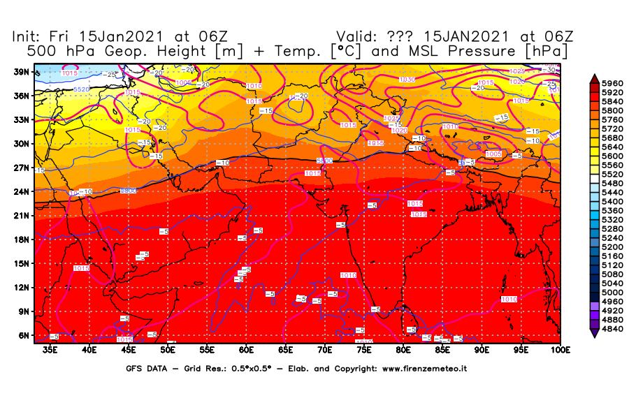 Mappa di analisi GFS - Geopotenziale [m] + Temp. [°C] a 500 hPa + Press. a livello del mare [hPa] in Asia Sud-Occidentale
									del 15/01/2021 06 <!--googleoff: index-->UTC<!--googleon: index-->