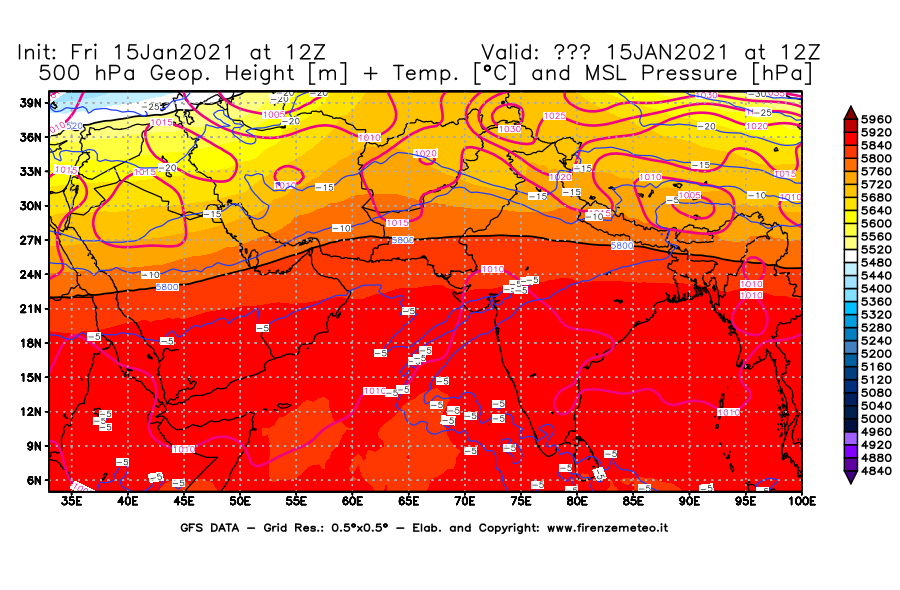 Mappa di analisi GFS - Geopotenziale [m] + Temp. [°C] a 500 hPa + Press. a livello del mare [hPa] in Asia Sud-Occidentale
									del 15/01/2021 12 <!--googleoff: index-->UTC<!--googleon: index-->