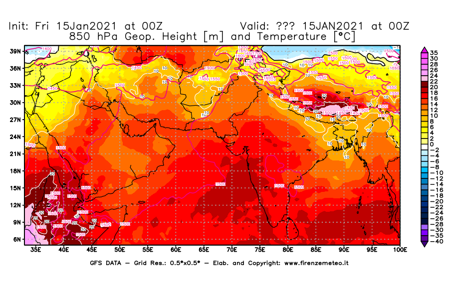 Mappa di analisi GFS - Geopotenziale [m] e Temperatura [°C] a 850 hPa in Asia Sud-Occidentale
									del 15/01/2021 00 <!--googleoff: index-->UTC<!--googleon: index-->