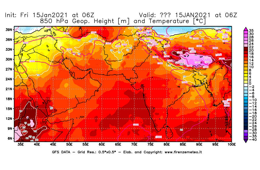 Mappa di analisi GFS - Geopotenziale [m] e Temperatura [°C] a 850 hPa in Asia Sud-Occidentale
									del 15/01/2021 06 <!--googleoff: index-->UTC<!--googleon: index-->