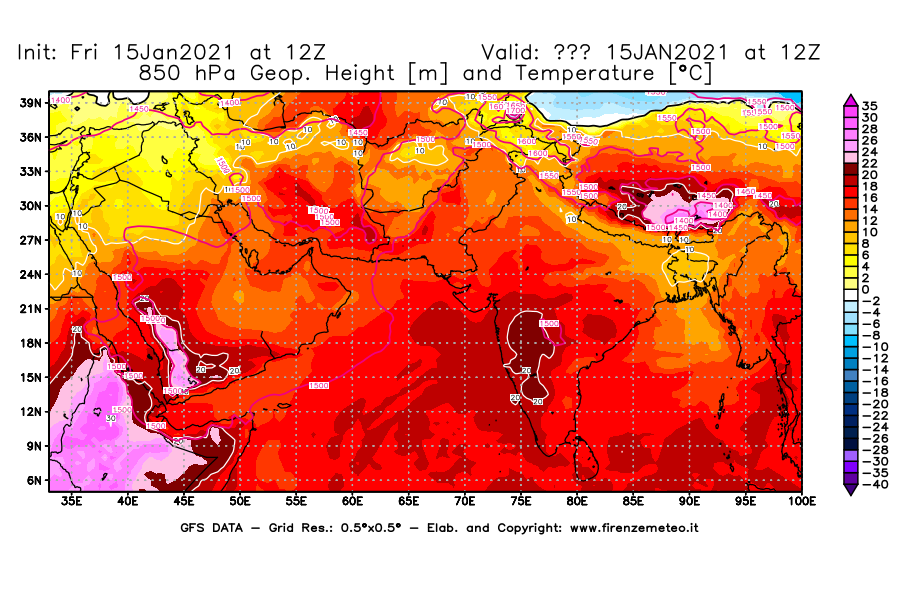 Mappa di analisi GFS - Geopotenziale [m] e Temperatura [°C] a 850 hPa in Asia Sud-Occidentale
									del 15/01/2021 12 <!--googleoff: index-->UTC<!--googleon: index-->