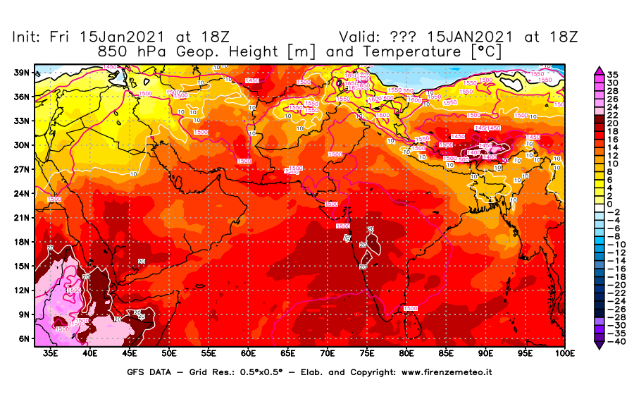 Mappa di analisi GFS - Geopotenziale [m] e Temperatura [°C] a 850 hPa in Asia Sud-Occidentale
									del 15/01/2021 18 <!--googleoff: index-->UTC<!--googleon: index-->