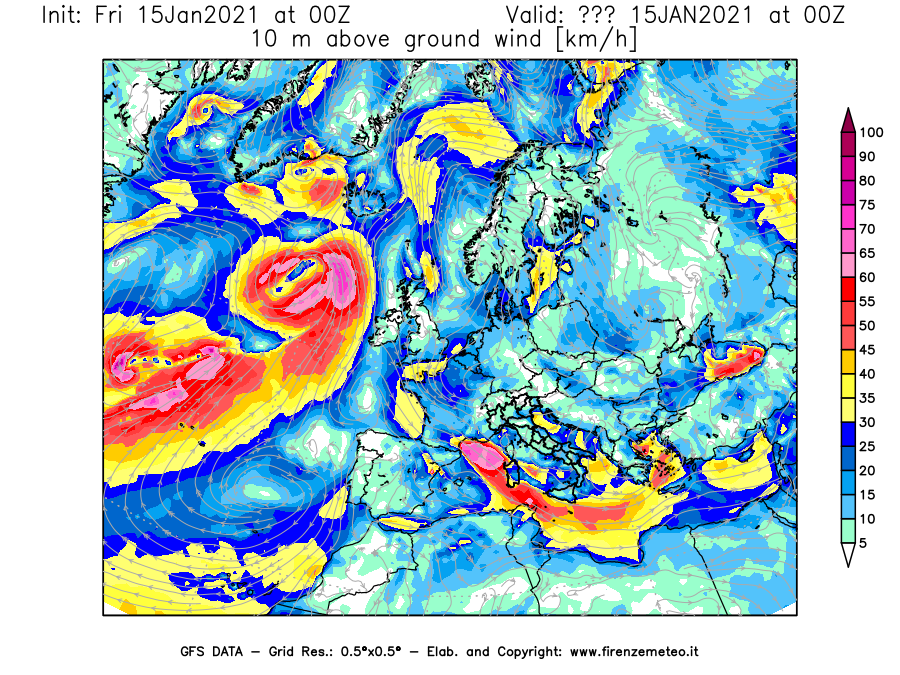 Mappa di analisi GFS - Velocità del vento a 10 metri dal suolo [km/h] in Europa
									del 15/01/2021 00 <!--googleoff: index-->UTC<!--googleon: index-->
