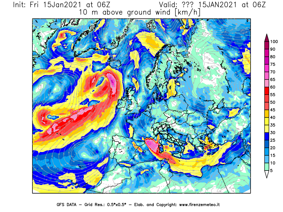 Mappa di analisi GFS - Velocità del vento a 10 metri dal suolo [km/h] in Europa
									del 15/01/2021 06 <!--googleoff: index-->UTC<!--googleon: index-->