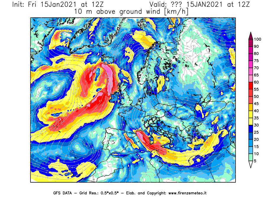 Mappa di analisi GFS - Velocità del vento a 10 metri dal suolo [km/h] in Europa
									del 15/01/2021 12 <!--googleoff: index-->UTC<!--googleon: index-->