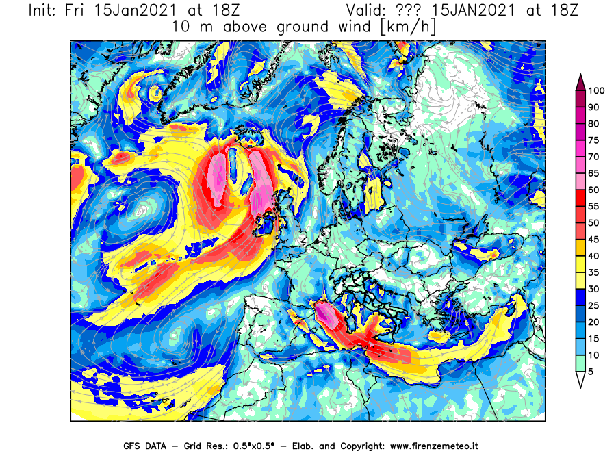 Mappa di analisi GFS - Velocità del vento a 10 metri dal suolo [km/h] in Europa
									del 15/01/2021 18 <!--googleoff: index-->UTC<!--googleon: index-->