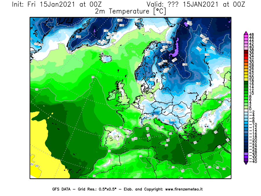 Mappa di analisi GFS - Temperatura a 2 metri dal suolo [°C] in Europa
									del 15/01/2021 00 <!--googleoff: index-->UTC<!--googleon: index-->