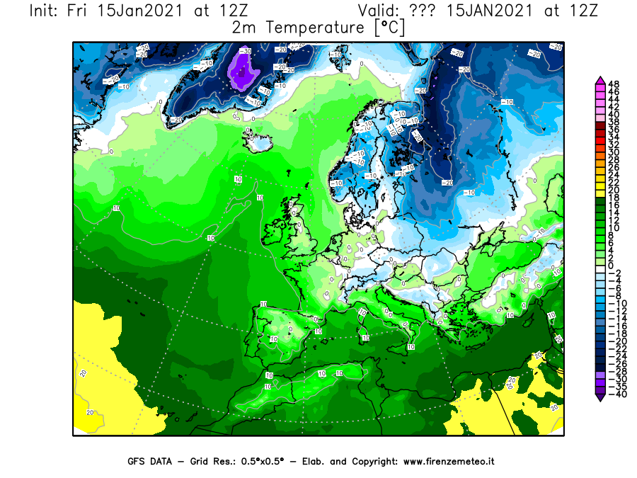 Mappa di analisi GFS - Temperatura a 2 metri dal suolo [°C] in Europa
									del 15/01/2021 12 <!--googleoff: index-->UTC<!--googleon: index-->