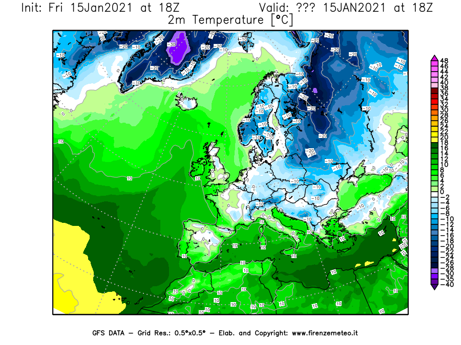 Mappa di analisi GFS - Temperatura a 2 metri dal suolo [°C] in Europa
									del 15/01/2021 18 <!--googleoff: index-->UTC<!--googleon: index-->