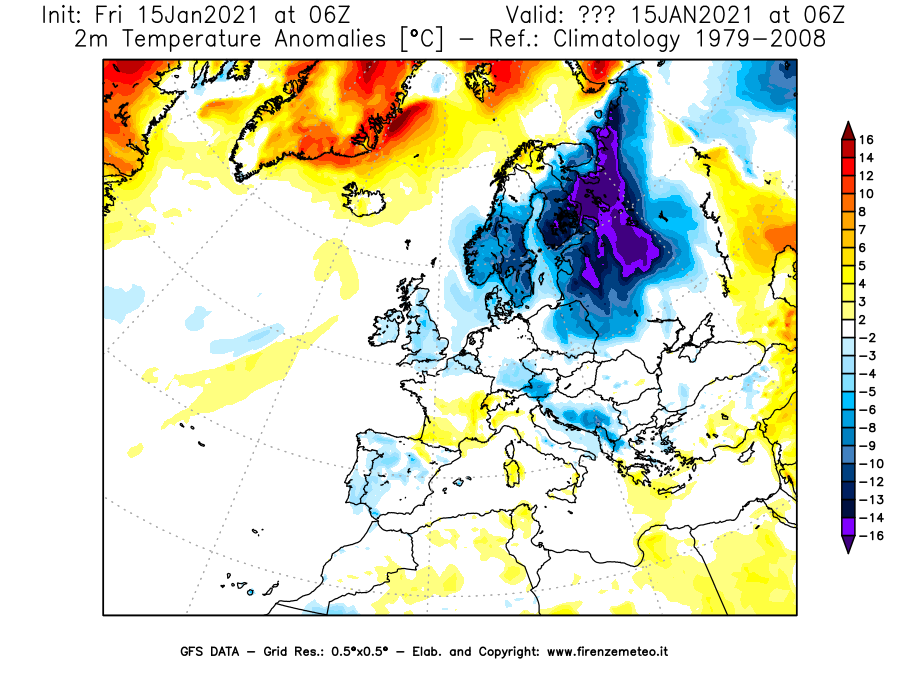 Mappa di analisi GFS - Anomalia Temperatura [°C] a 2 m in Europa
									del 15/01/2021 06 <!--googleoff: index-->UTC<!--googleon: index-->