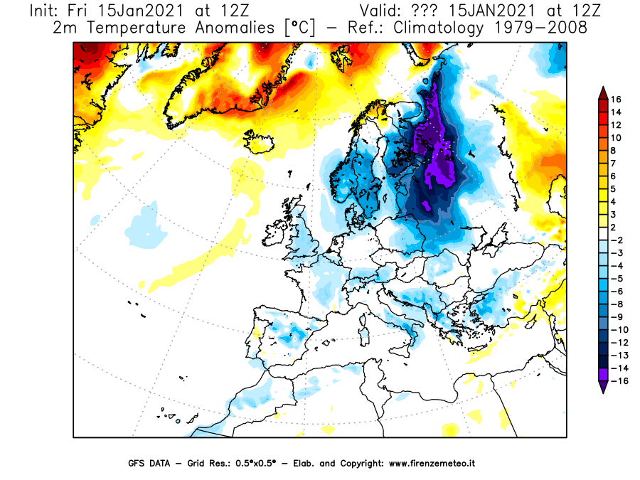Mappa di analisi GFS - Anomalia Temperatura [°C] a 2 m in Europa
									del 15/01/2021 12 <!--googleoff: index-->UTC<!--googleon: index-->