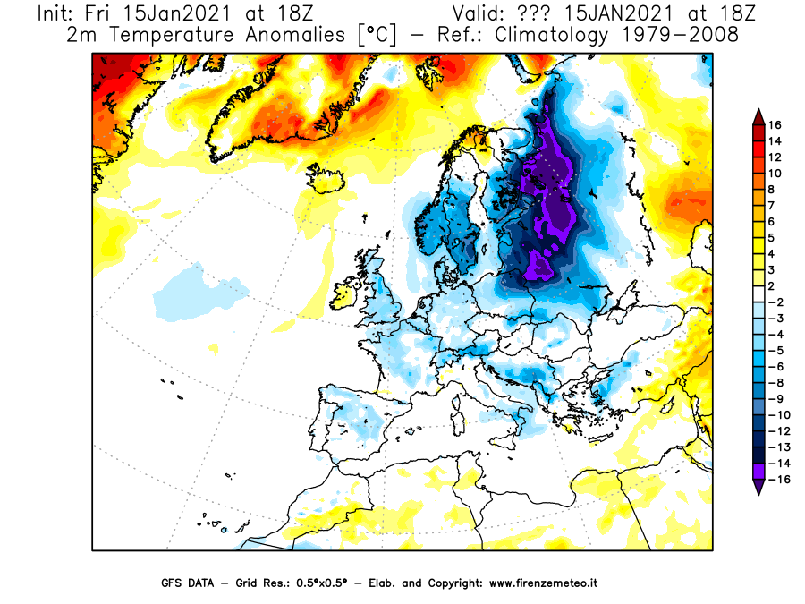 Mappa di analisi GFS - Anomalia Temperatura [°C] a 2 m in Europa
									del 15/01/2021 18 <!--googleoff: index-->UTC<!--googleon: index-->