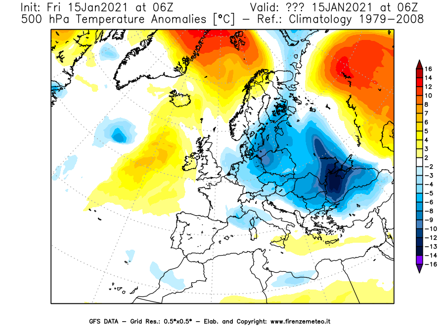 Mappa di analisi GFS - Anomalia Temperatura [°C] a 500 hPa in Europa
									del 15/01/2021 06 <!--googleoff: index-->UTC<!--googleon: index-->