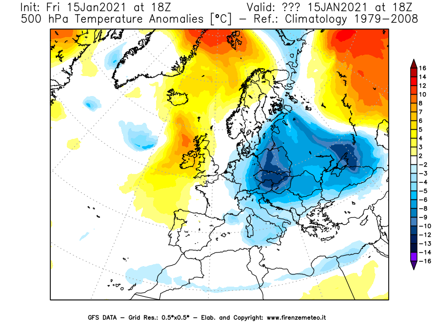 Mappa di analisi GFS - Anomalia Temperatura [°C] a 500 hPa in Europa
									del 15/01/2021 18 <!--googleoff: index-->UTC<!--googleon: index-->