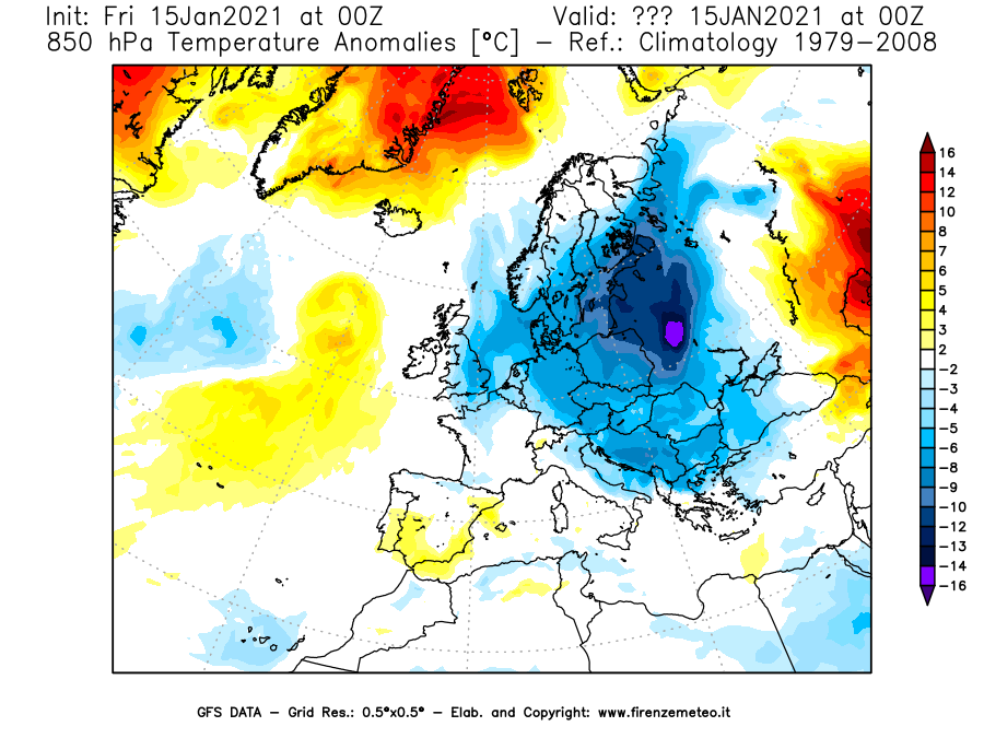 Mappa di analisi GFS - Anomalia Temperatura [°C] a 850 hPa in Europa
									del 15/01/2021 00 <!--googleoff: index-->UTC<!--googleon: index-->