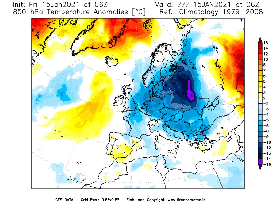 Mappa di analisi GFS - Anomalia Temperatura [°C] a 850 hPa in Europa
									del 15/01/2021 06 <!--googleoff: index-->UTC<!--googleon: index-->