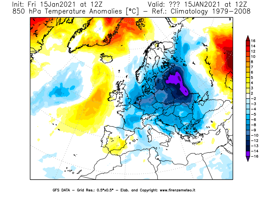 Mappa di analisi GFS - Anomalia Temperatura [°C] a 850 hPa in Europa
									del 15/01/2021 12 <!--googleoff: index-->UTC<!--googleon: index-->