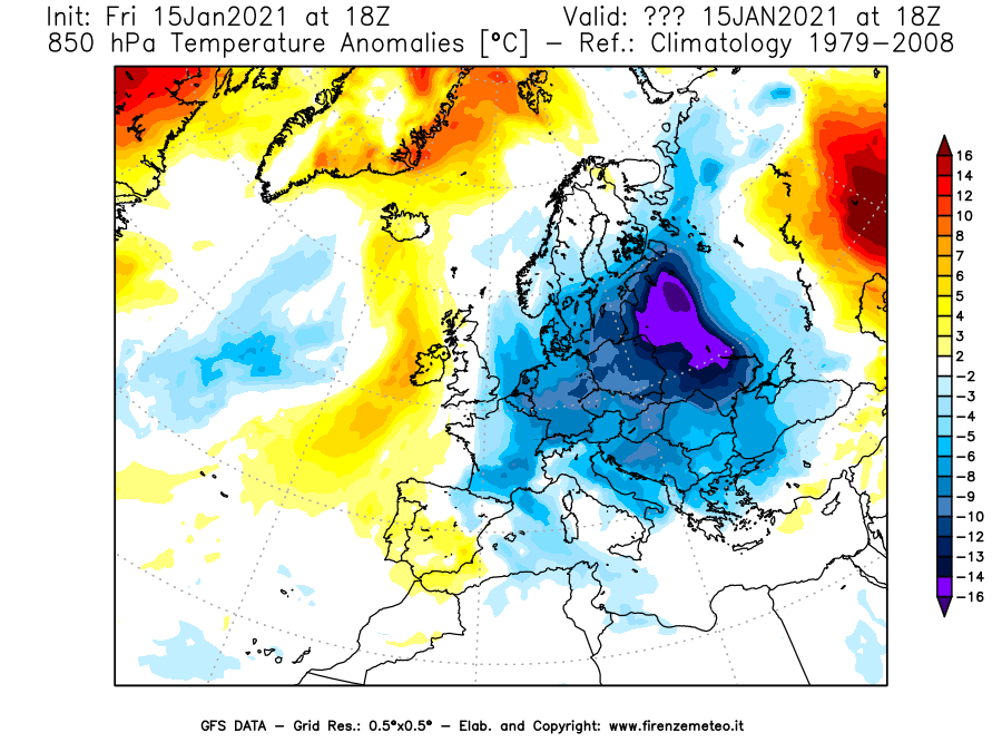 Mappa di analisi GFS - Anomalia Temperatura [°C] a 850 hPa in Europa
									del 15/01/2021 18 <!--googleoff: index-->UTC<!--googleon: index-->