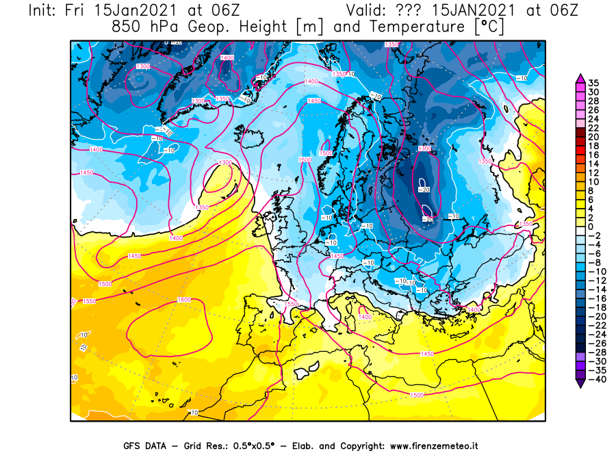 Mappa di analisi GFS - Geopotenziale [m] e Temperatura [°C] a 850 hPa in Europa
									del 15/01/2021 06 <!--googleoff: index-->UTC<!--googleon: index-->