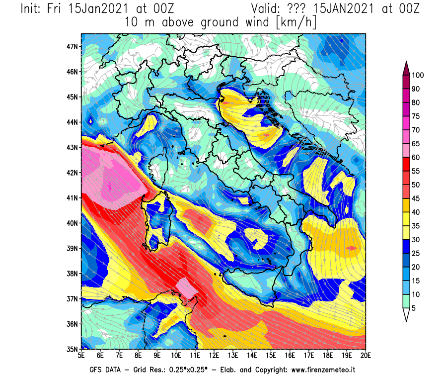 Mappa di analisi GFS - Velocità del vento a 10 metri dal suolo [km/h] in Italia
									del 15/01/2021 00 <!--googleoff: index-->UTC<!--googleon: index-->