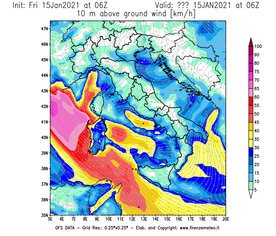 Mappa di analisi GFS - Velocità del vento a 10 metri dal suolo [km/h] in Italia
									del 15/01/2021 06 <!--googleoff: index-->UTC<!--googleon: index-->