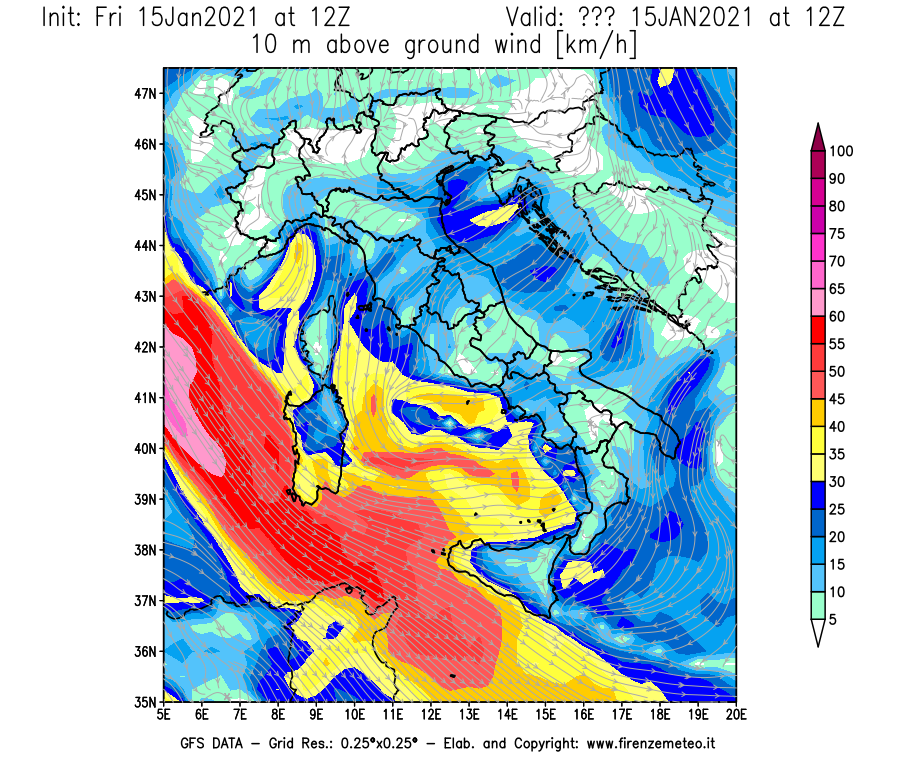 Mappa di analisi GFS - Velocità del vento a 10 metri dal suolo [km/h] in Italia
									del 15/01/2021 12 <!--googleoff: index-->UTC<!--googleon: index-->