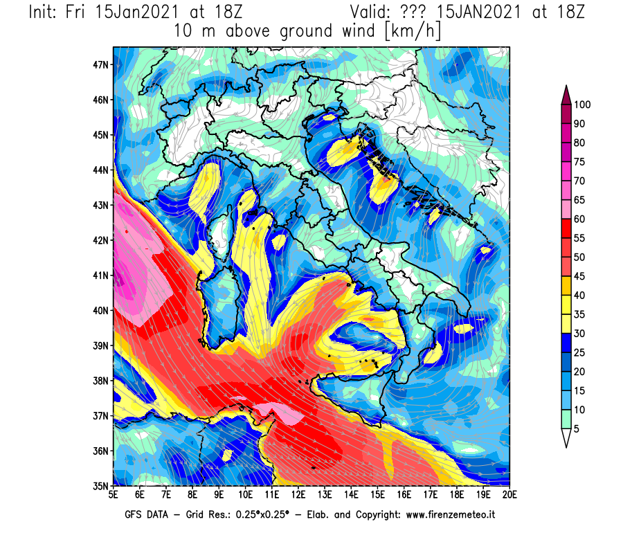 Mappa di analisi GFS - Velocità del vento a 10 metri dal suolo [km/h] in Italia
									del 15/01/2021 18 <!--googleoff: index-->UTC<!--googleon: index-->