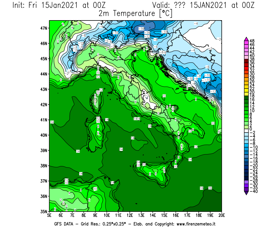 Mappa di analisi GFS - Temperatura a 2 metri dal suolo [°C] in Italia
									del 15/01/2021 00 <!--googleoff: index-->UTC<!--googleon: index-->