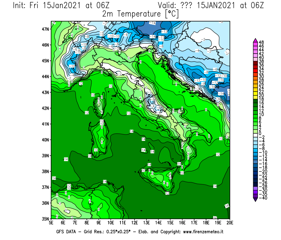 Mappa di analisi GFS - Temperatura a 2 metri dal suolo [°C] in Italia
									del 15/01/2021 06 <!--googleoff: index-->UTC<!--googleon: index-->