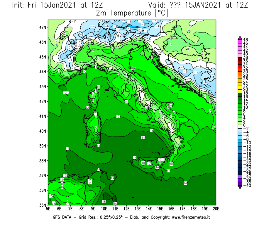 Mappa di analisi GFS - Temperatura a 2 metri dal suolo [°C] in Italia
									del 15/01/2021 12 <!--googleoff: index-->UTC<!--googleon: index-->