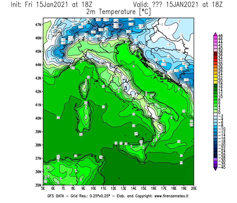 Mappa di analisi GFS - Temperatura a 2 metri dal suolo [°C] in Italia
									del 15/01/2021 18 <!--googleoff: index-->UTC<!--googleon: index-->