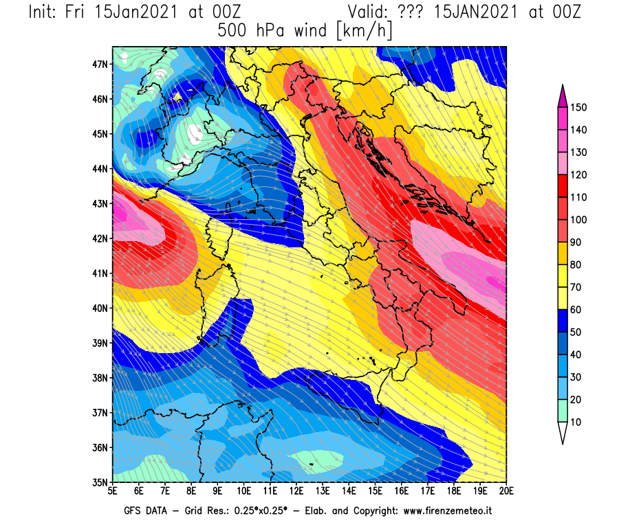 Mappa di analisi GFS - Velocità del vento a 500 hPa [km/h] in Italia
									del 15/01/2021 00 <!--googleoff: index-->UTC<!--googleon: index-->