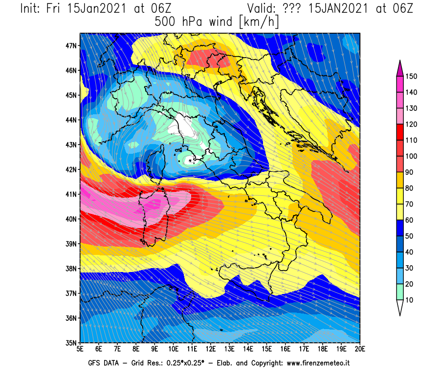 Mappa di analisi GFS - Velocità del vento a 500 hPa [km/h] in Italia
									del 15/01/2021 06 <!--googleoff: index-->UTC<!--googleon: index-->