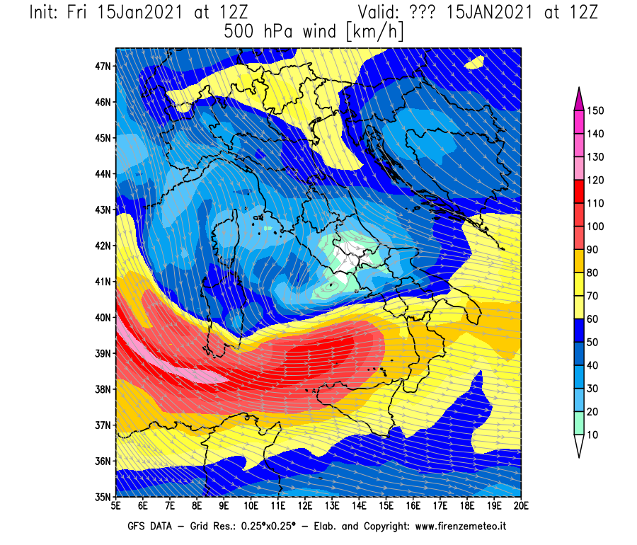 Mappa di analisi GFS - Velocità del vento a 500 hPa [km/h] in Italia
									del 15/01/2021 12 <!--googleoff: index-->UTC<!--googleon: index-->