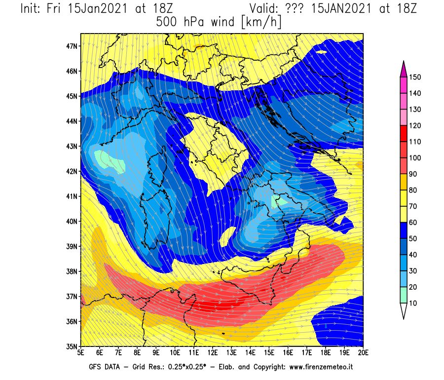 Mappa di analisi GFS - Velocità del vento a 500 hPa [km/h] in Italia
									del 15/01/2021 18 <!--googleoff: index-->UTC<!--googleon: index-->